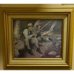 Jim Daly Fishing Print Grandfather and Boy Cabin Lodge Wall Art Framed